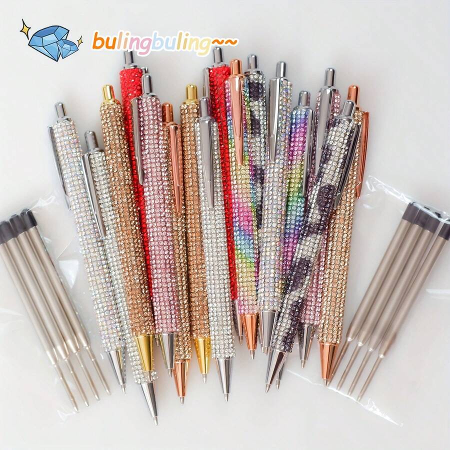 16Pcs(8 Pens+8 Refills) Rhinestone Pens Bling Metal Ballpoint Diamond Pens Bulk Fancy Sparkly Crystal Press Retractable Black Ink 0.7mm For Women Office Meeting Birthday Supplies Wedding Gifts - 黑色 - 查看 1