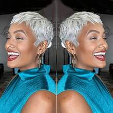 Grey Pixie Cut Wig Human Hair Straight Layered Glueless Pixie Wigs For Women Silvery Gray Color 100% Brazilian Human Hair Wig With Bangs 4 Inch 180% Density Perfect For Everyday & Cosplay & Parties & Music Festival - 灰色 - 查看 1