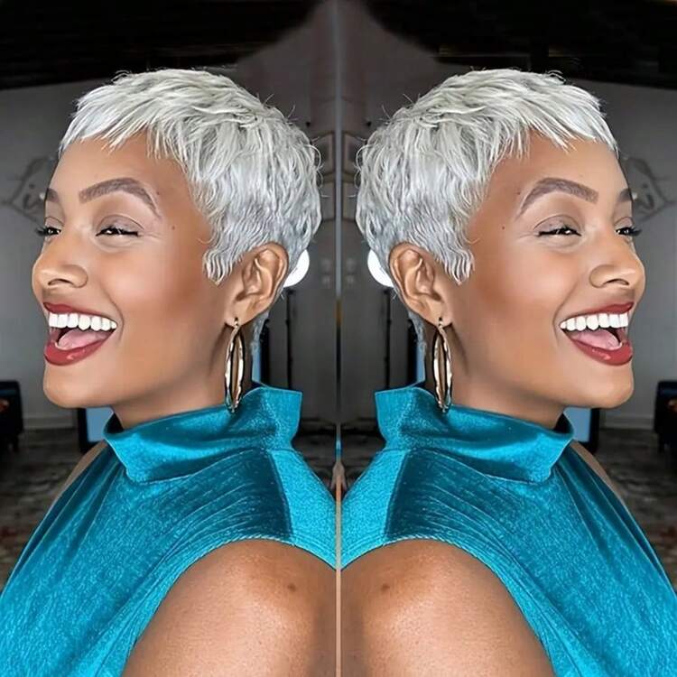 Grey Pixie Cut Wig Human Hair Straight Layered Glueless Pixie Wigs For Women Silvery Gray Color 100% Brazilian Human Hair Wig With Bangs 4 Inch 180% Density Perfect For Everyday & Cosplay & Parties & Music Festival - 灰色 - 查看 1