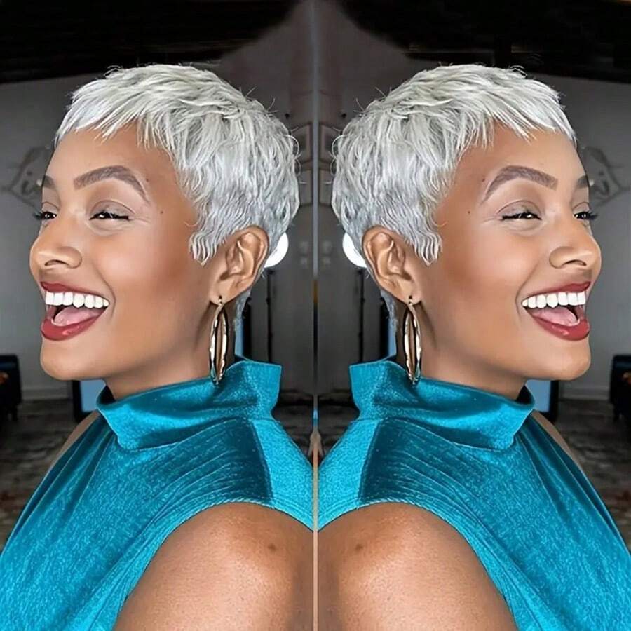 Grey Pixie Cut Wig Human Hair Straight Layered Glueless Pixie Wigs For Women Silvery Gray Color 100% Brazilian Human Hair Wig With Bangs 4 Inch 180% Density Perfect For Everyday & Cosplay & Parties & Music Festival - 灰色 - 查看 1