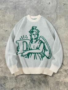 ANDREILEE 休闲宽松圆领印花针织套头毛衣，男女皆宜，适合春、秋、冬三季穿着。 - 杏色 - 查看 3