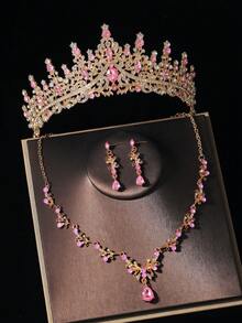 1 套粉色婚礼时尚珠宝新娘配饰经典水晶皇冠 + 项链 + 耳环 4 件套装，适合婚纱、新娘派对、聚会 - 粉色 - 查看 7
