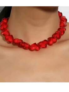 1pc Handmade Red Heart Acrylic Necklace For Women