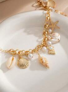 1pc Ocean Theme Starfish, Shell, Pearl Beaded Bracelet, Fashionable Multi-Layer Pendant Bracelet, Suitable For Beach Party And Vacation (Handmade, Color And Size May Vary Slightly)