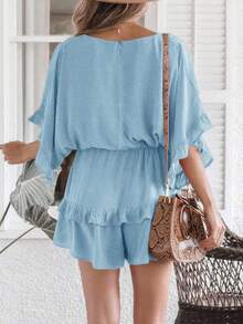 Saodimallsu Womens Ruffle Layered V Neck Beach Romper Drawstring Waisted Shorts Jumpsuit - Màu xanh lam - Xem 3