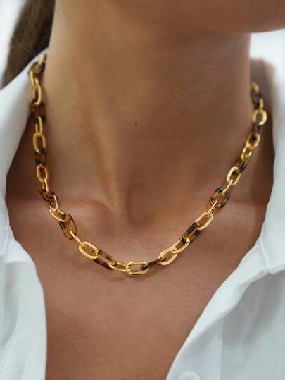 Frminee 1pc 18K Gold Plated Stainless Steel Leopard Print Tortoiseshell Necklace, Minimalist Vintage Thick Chain, Waterproof, Suitable For Daily Wear, Holiday Gift