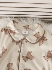 2pcs Girls Bear Print Long Sleeve Pajama Set, Cute Sleepwear Outfit Suitable For 4-7 Years Old Girls Everyday Wear - Beige - View 3