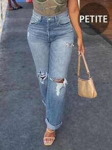 Retro Distressed Straight Leg Loose Wide Leg Jeans For Petite Women, Casual Street Style, All Season - Light Wash - View 4