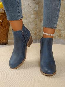 Botas cortas de otoño 2025 para mujer de talla grande, zapatos de estilo clásico del oeste americano para ir al trabajo, color azul sólido con tacón grueso hueco y tacón medio, con cremallera lateral en los tobillos
