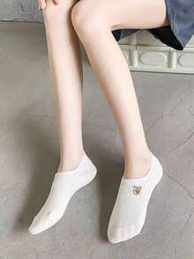 5對白色卡通動物刺繡透氣不露邊防滑船型襪