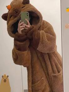 1件裝女款可愛水豚卡通珊瑚絨家居服套裝，甜美可愛毛茸茸休閒穿搭，厚實保暖舒適，適合秋冬室內日常穿著 - 彩色 - 查看 6