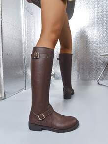 Women's Over-The-Knee Boots, Fashion Autumn/Winter Brown Side Zipper Motorcycle Boots, Over-The-Knee Riding Boots. Suitable For Daily Wear, Attending Banquets, Parties, Fashion Shows, Mid-Calf Boots, Over-The-Knee Boots And Daily Boots.,Party - Brown - View 6