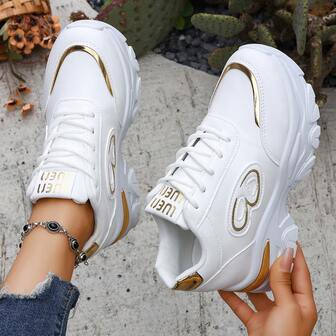 1 Pair Women's White Leather Casual Sneakers, Platform Thick Sole Chunky Sneakers With Hidden Insole, Suitable For Daily Casual, Outdoor, Date, Rose Gold Stripe, Classic Minimalist Design, 6.5cm Heel Height