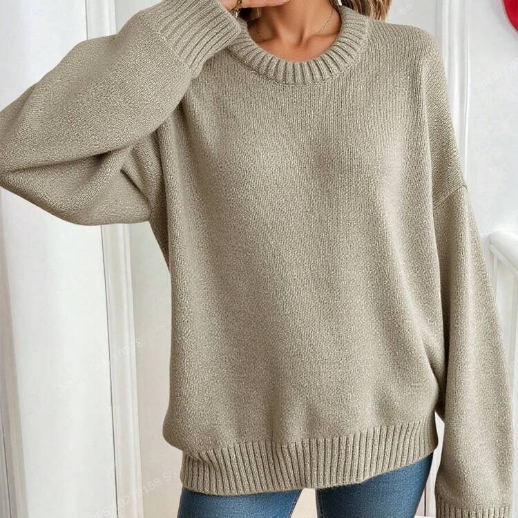 Women's Solid Color Drop Shoulder Long Sleeve Casual Ribbed Sweater, Autumn - Beige - View 6