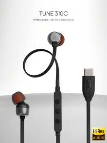 JBL Tune 310C 有线入耳式 C 型耳机，带数模转换器的高分辨率音频，带麦克风的 3 键 EQ 预设遥控器，防缠绕扁平电缆，兼容 USB-C 设备 - 黑色 - 查看 2