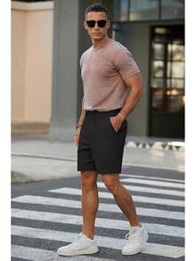 Men's Cotton Casual Classic-Fit 7" Chino Shorts Elastic Waist Daily Wear Dress Baech Summer Shorts-2025 - màu đen - Xem 6