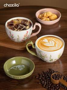 1pc百合花图案咖啡杯大容量陶瓷杯带盖多功能早餐杯牛奶杯酸奶碗 - 百合帶蓋咖啡杯 - 查看 5