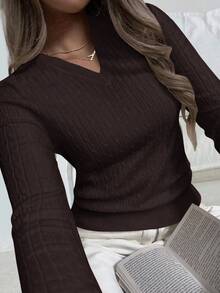 Apperloth A Women's V Neck Cable Knit Sweaters Long Sleeve Ribbed Fitted Basic Pullover Tops Business Casual Lightweight Slim Fit For Spring Fall Clothes - Dark Brown - View 2