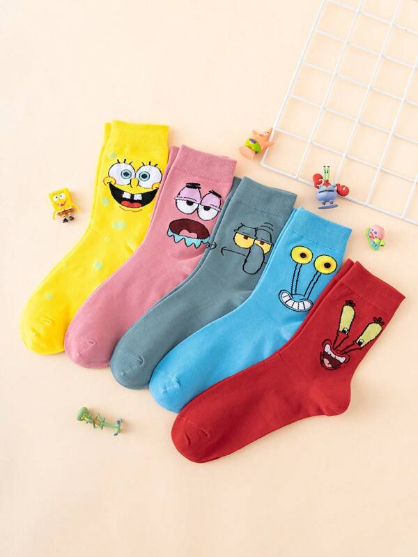 SPONGEBOB 5 Pairs Men's Interesting Personalized Cute Multicolor Jacquard Spongebob Series Octopus Eye Expression Pattern Mid-Calf Socks, Unisex, Sportswear, All Season, European & American Size, Comfortable Breathable Durable, Vibrant Colors, Suitable For Daily Wear, Premium Fabric, Non-Stuffy, Fall