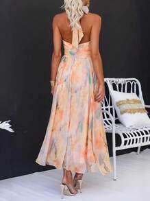 Vacation Outfits Women Summer Dresses For Women Halter Sleeveless Long Dress Watercolor Print Halter Neck Maxi Dress – Sleeveless Flowy Chiffon Backless Gown For Beach Vacation Wedding Guest Summer Party Outfit - Màu san hô - Xem 3