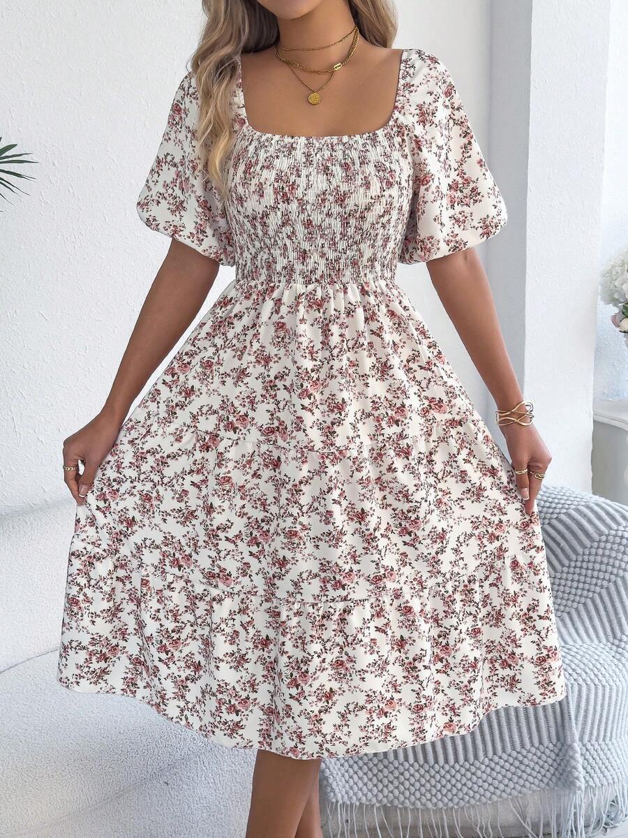 Summer Blue Floral Off Shoulder Midi Dress For Women, Smocked Puff Sleeve A Line Casual Vacation Dress - 白色 - 查看 1