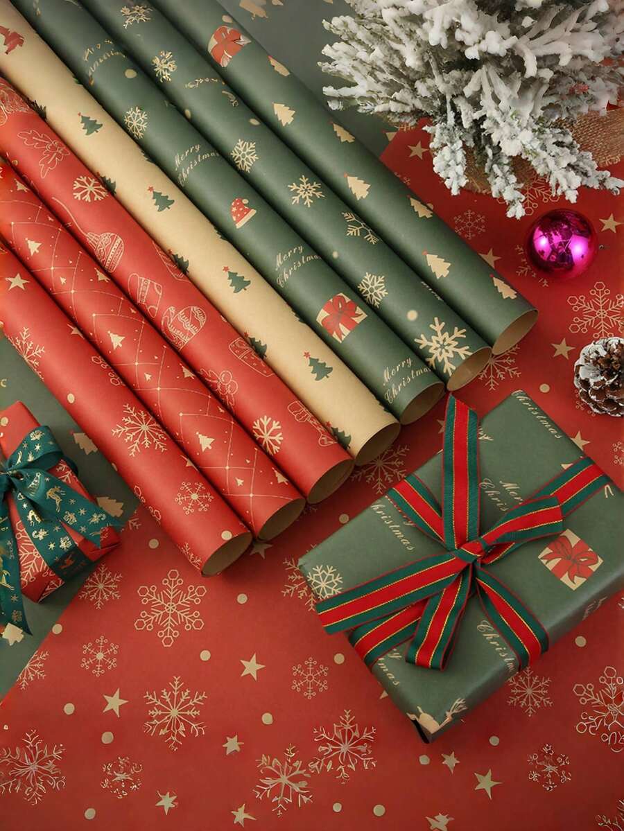 4Pcs Kraft Christmas Wrapping Paper - 29.1" X 19.7" Cartoon Gift Wrapping Paper Red, Green, And Yellow Tissue Paper - Christmas Decorations, Gifts For Men And Women, Party Favors