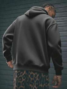 Men's Casual Street Hooded Sweatshirt, Solid Color With Thermal Lining, Loose Fit, Autumn/Winter