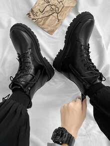 男士黑色休闲摩托车皮靴，系带设计，防滑，增高，适合秋季、青少年及年轻成人穿着，休闲百搭，四季皆宜 - 多色 - 查看 13