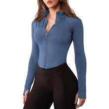 Women's Zip Up Workout Jacket Lightweight Slim Fit Athletic Jacket Cropped Running Gym Tops With Thumb Holes