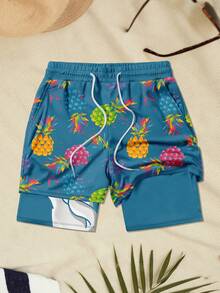 Men's Fashionable Pineapple & Donut Print Double Layer Beach Shorts - Blue - View 2