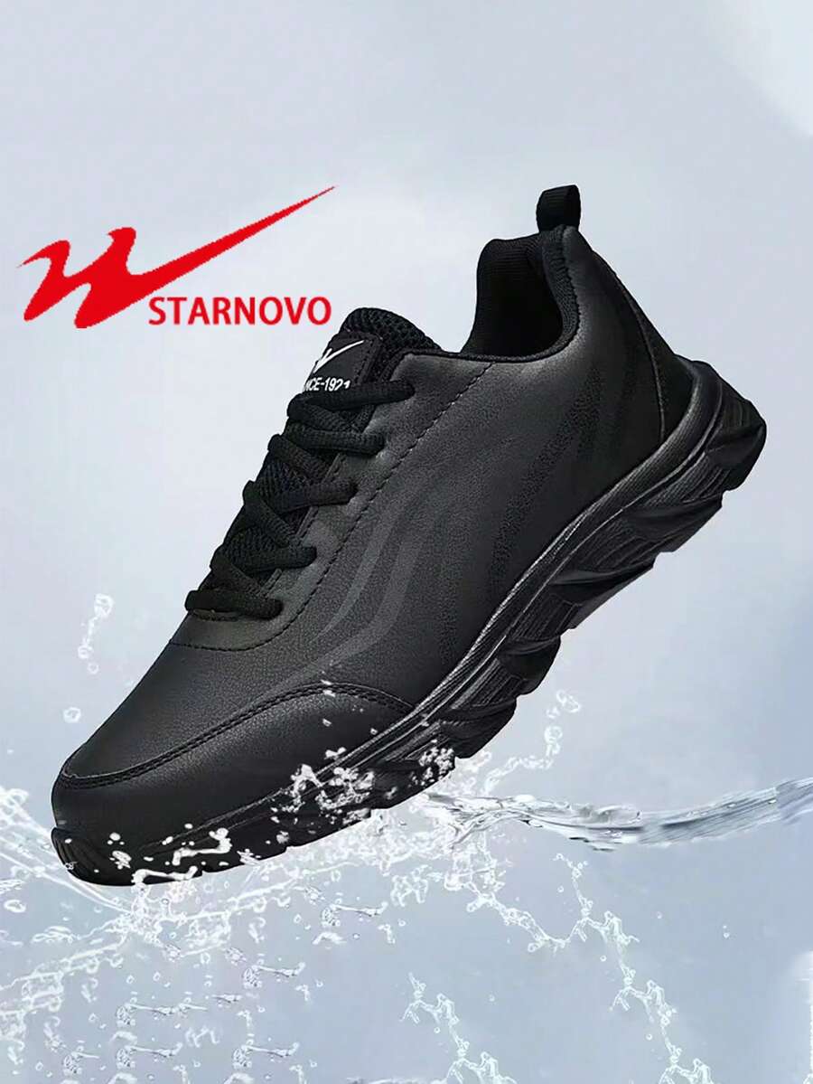 STARNOVO 男鞋,黑色皮革鞋面防水防滑运动鞋,软底耐穿跑步徒步工作鞋,适合大码男士,春秋季 - 黑色 - 查看 1