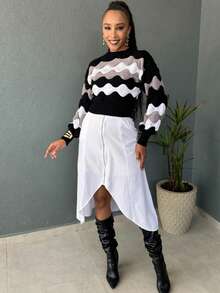 Striped Cropped Top Knitted Modal Office Daily Home Travel - 黑色與灰色 - 查看 3