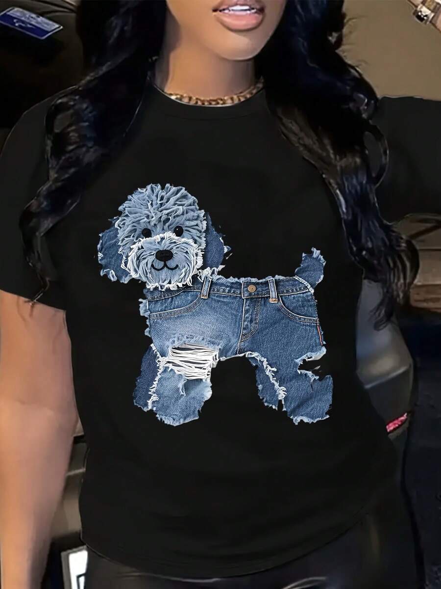 Cute Poodle In Denim Jeans Graphic T-Shirt For Women - Casual Comfortable Tee With Adorable Dog Print - Soft Cotton Blend Fabric - Perfect For Everyday Wear - Size S-XXL - 黑色 - 查看 1