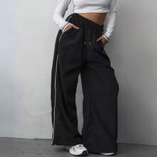 Basic Street Straight Wide Tactel Pants With Drawstring Waist And Pocket - màu đen - Xem 1