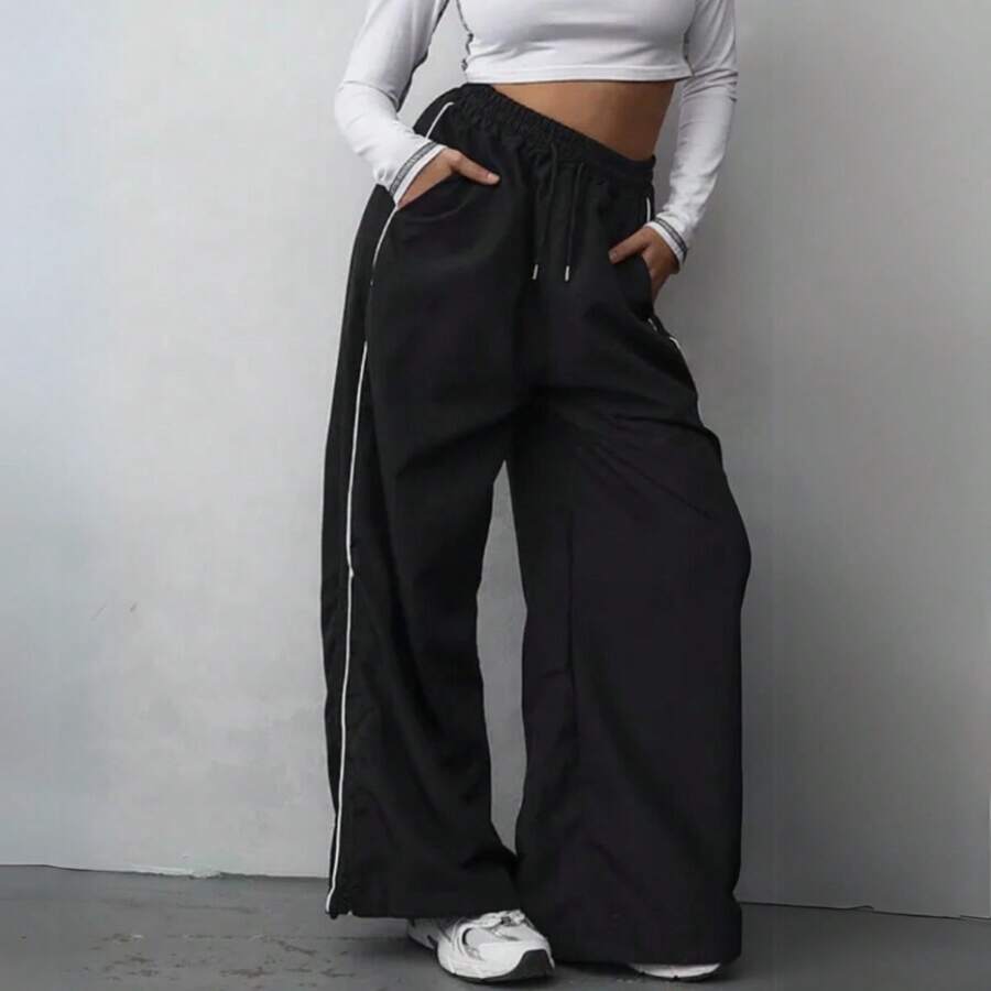 Basic Street Straight Wide Tactel Pants With Drawstring Waist And Pocket - màu đen - Xem 1