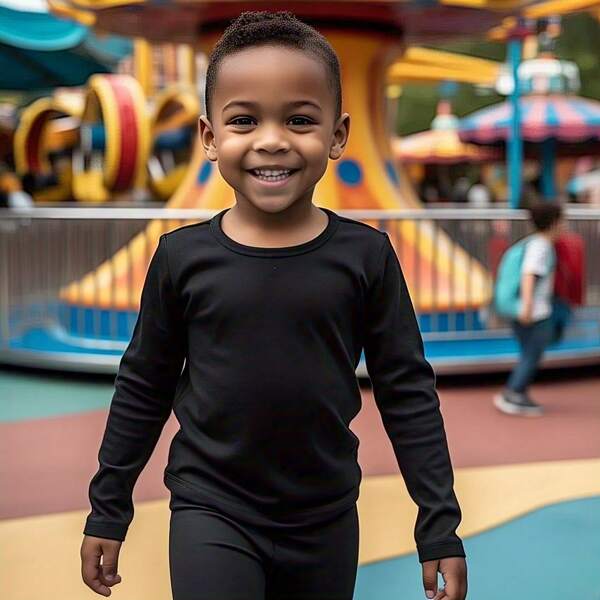 Blusa Térmica Infantil Preta Criança Unissex Peluciada, Manga Comprida, Lisa, Forrada, Segunda Pele Inverno, Neve