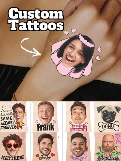 1/10/20/30/60 Peças Adesivos de Tatuagem Temporária Personalizados com Texto e Retrato (Humano e Animal de Estimação), Adesivos de Tatuagem Temporária Personalizados, 9 Estilos Disponíveis, Temporário - Nome e Retrato Personalizados, Adequado para Festa de Solteiros, Festa de Aniversário, Festa de Animais de Estimação - Adequado para Anfitriões de Festa, Amigos, Amantes de Animais de Estimação - Pode ser Usado como Pequenos Presentes Divertidos, Adesivos de Tatuagem Decorativos, Presentes Comemorativos, Era Feminina