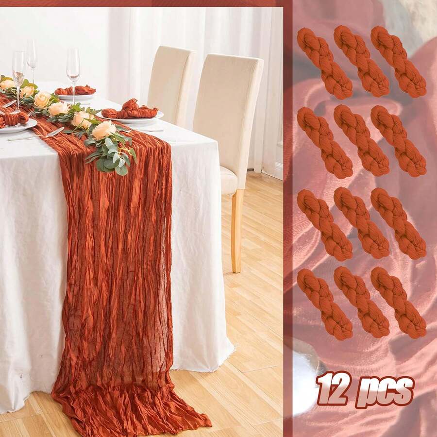 12pcs Soft Cheesecloth Balinese Table Runners, 6 Feet Long Tulle Fabric, Suitable For Bohemian Style Wedding Party, Bridal Shower, Home Decor, Baptism And Christmas Table Decoration. - 橘紅色 - 查看 1