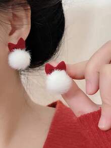 1 Pair Cute Versatile Christmas Red Bow Fuzzy Ball Stud Earrings, Soft Plush Texture, Retro Romantic Earrings, Suitable For Women In Any Occasion, Christmas & New Year - Multicolor - View 3