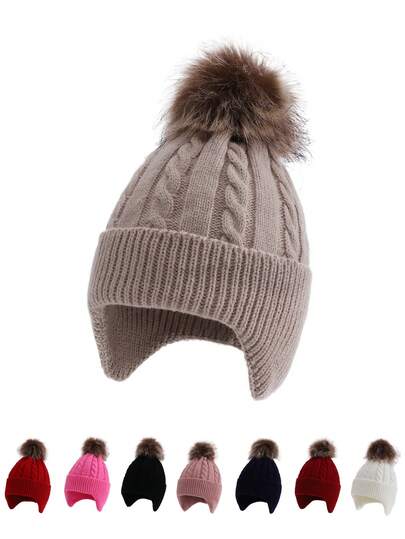 1 件儿童针织帽，带绒球，保暖护耳，适合男孩和女孩，秋冬季
