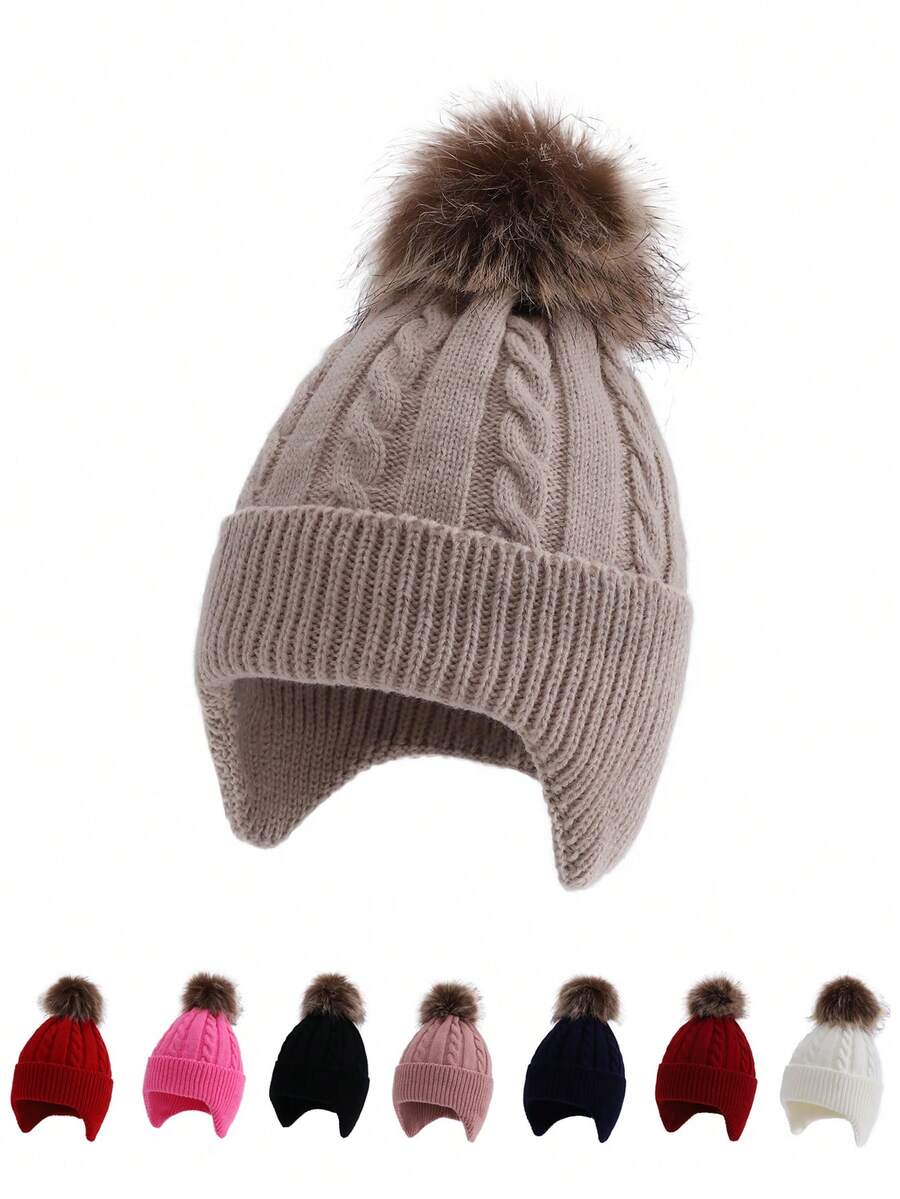 1 件儿童针织帽，带绒球，保暖护耳，适合男孩和女孩，秋冬季 - 1PC - 查看 1
