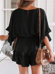 Saodimallsu Womens Ruffle Layered V Neck Beach Romper Drawstring Waisted Shorts Jumpsuit - 黑色 - 查看 3