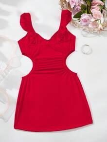 女士牛奶丝荷叶袖连衣裙，圣诞镂空腰身紧身连衣裙，娃娃裙，性感内衣，性感睡衣 - 紅色 - 查看 8