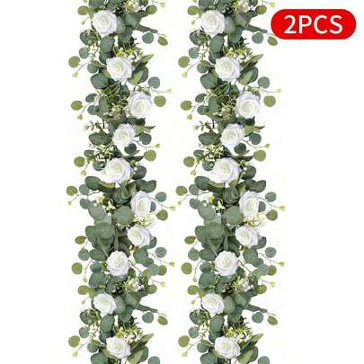 2pcs, 70inch/5.9ft Artificial Eucalyptus Wreath With Foam White Roses, Fake Rose Greenery Garland, Suitable For Easter, Mother's Day Decor, Room, Bedroom, Wedding, Party, Table Runner, Valance, Bathroom, Home Decor (White)
