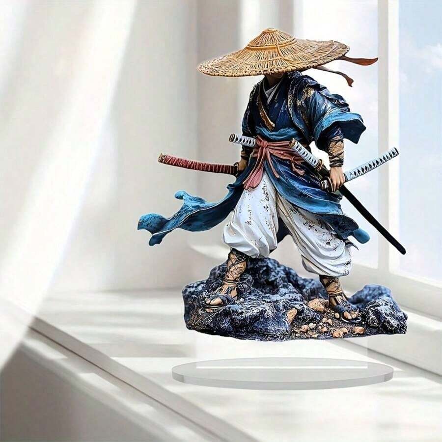 2D 平面优雅日式武士桌面装饰带底座 - 适合家庭和办公室使用，多功能艺术品，适合生日、乔迁、圣诞节和各种场合，风格多样