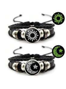 PHCOO 2 件套夜光皮革手链，日月星辰图案，时尚个性，情侣手链，黑暗中闪耀，配饰 - 彩色 - 查看 9