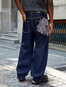 Fashionable Cherry Blossom Embroidered Vintage Wide Leg Loose Fit Jeans - Dark Wash - View 4