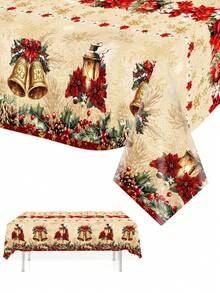 1 件复古圣诞塑料桌布，130x220 厘米乡村圣诞一品红铃铛一次性桌布，适用于长方形桌子，圣诞派对装饰，非常适合家庭厨房餐桌装饰、餐桌布置和礼物创意，2025 年圣诞装饰 - 彩色 - 查看 6