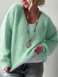 Maglione elegante e chic minimalista da donna, maglione a maglia con scollo a V, maniche lunghe, tinta unita, taglie comode per signore