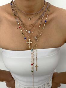 4/2 pezzi Set di collane multistrato a forma di Y, pendente elegante vintage con croce, cristalli colorati e strass luccicanti, collana minimalista con catena in metallo e perline rotonde, collana lunga a forma di Y, design vintage alla moda e grazioso, adatto per vacanze, feste, appuntamenti, regali, uso quotidiano